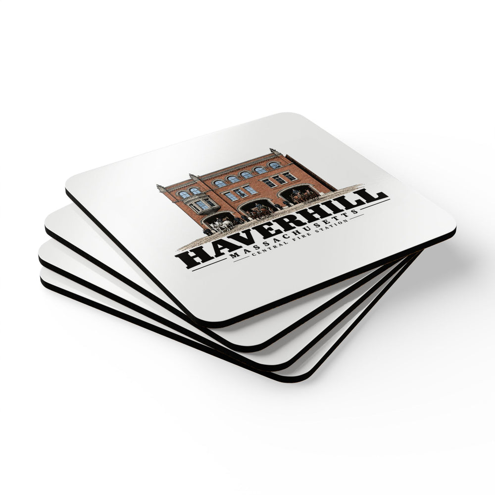 Haverhill Central Fire Station with horse-drawn apparatus Cork Back Coaster Set - Merrimack Valley Goods