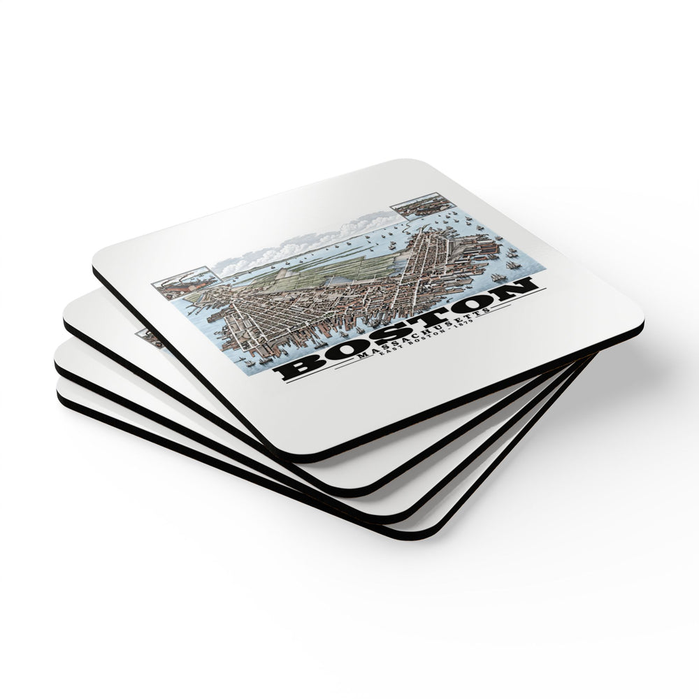 Stack of square coasters with East Boston bird-eye city and harbor panorama with inset views artwork visible on the top coaster