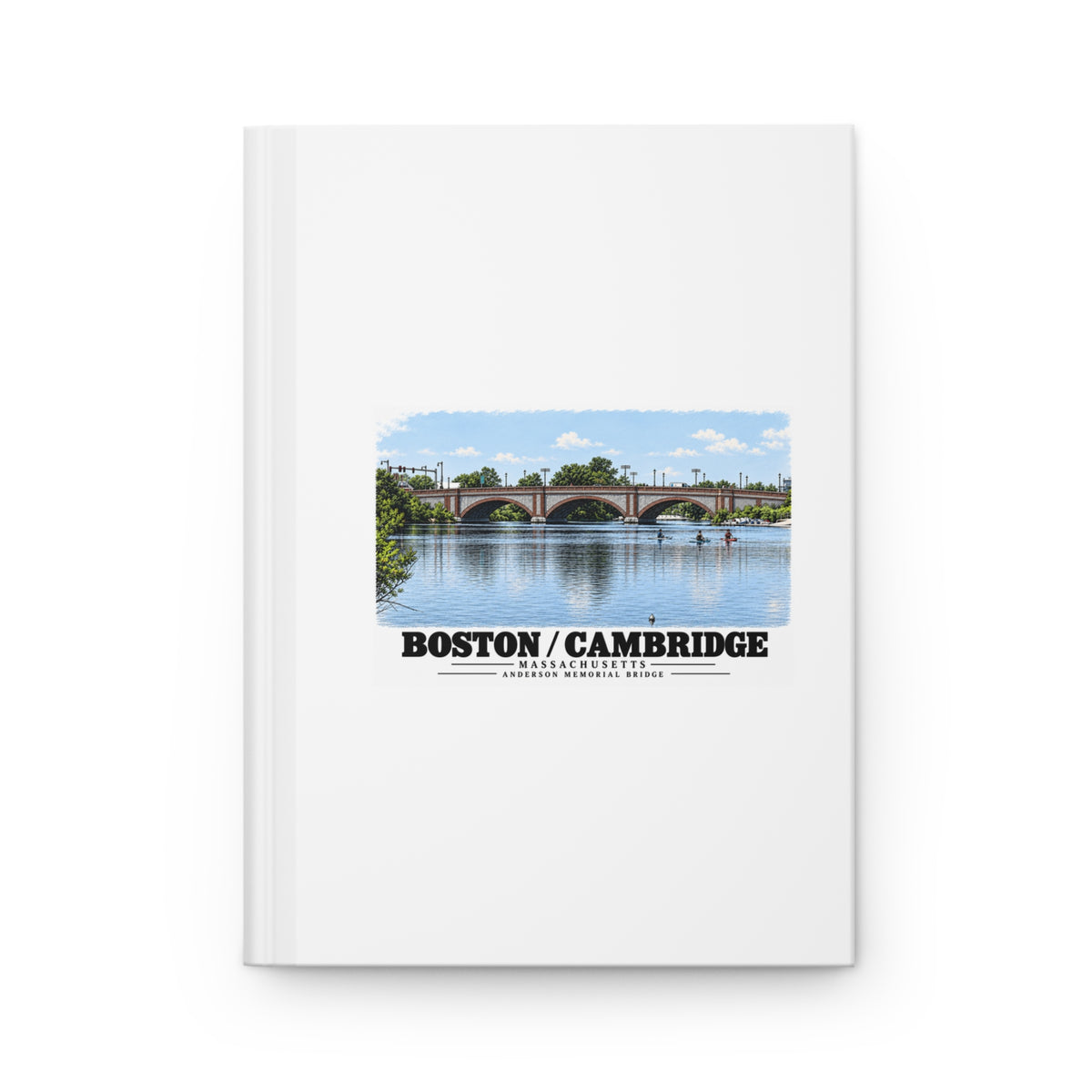 White hardcover journal with Anderson Memorial Bridge and scullers artwork and Boston/Cambridge lettering