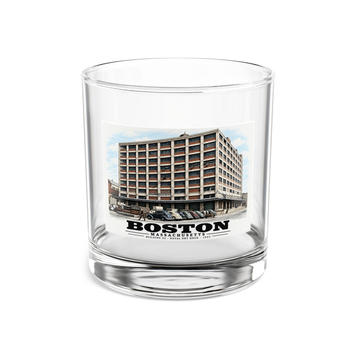 Building #32 US Naval Dry Dock, South Boston, Completed 3/1943 10 oz Rocks Glass - Boston Harbor