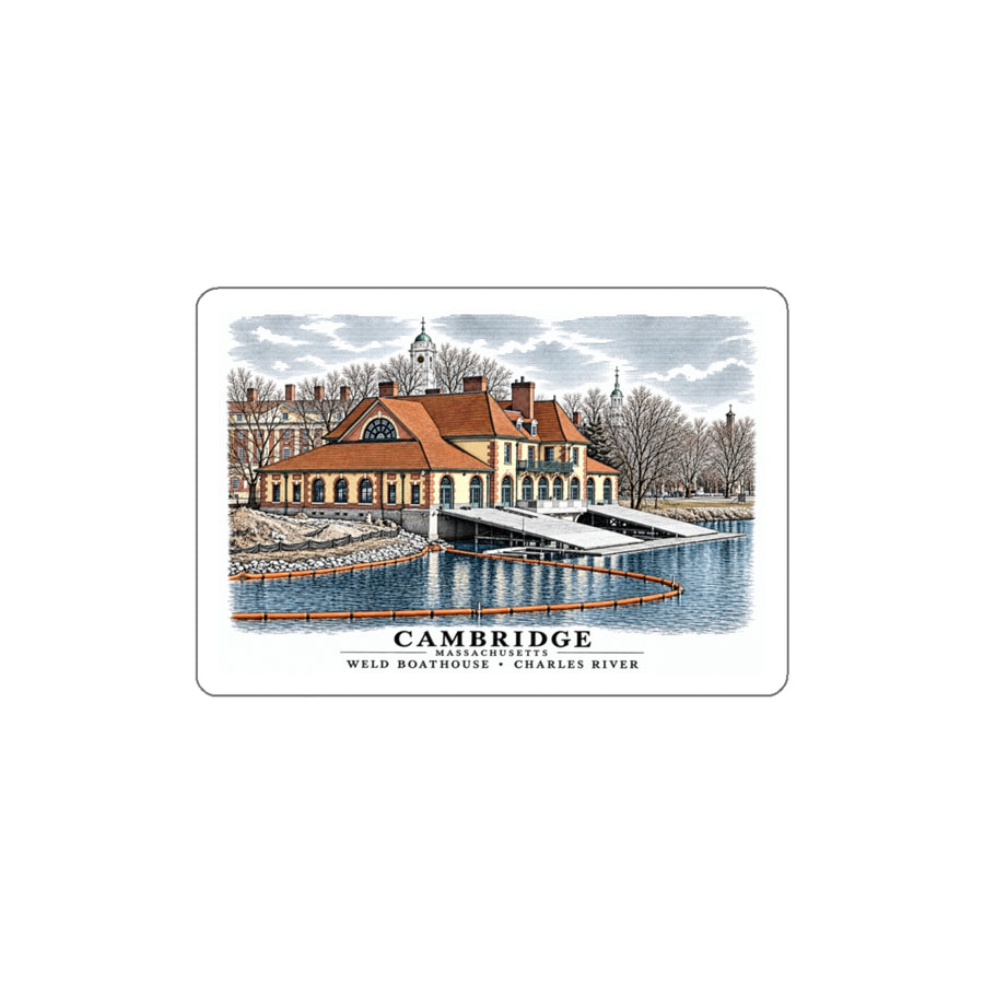 Weld Boathouse, 971 Memorial Drive, beside Anderson Bridge 4 in White Die-Cut Sticker - Charles River