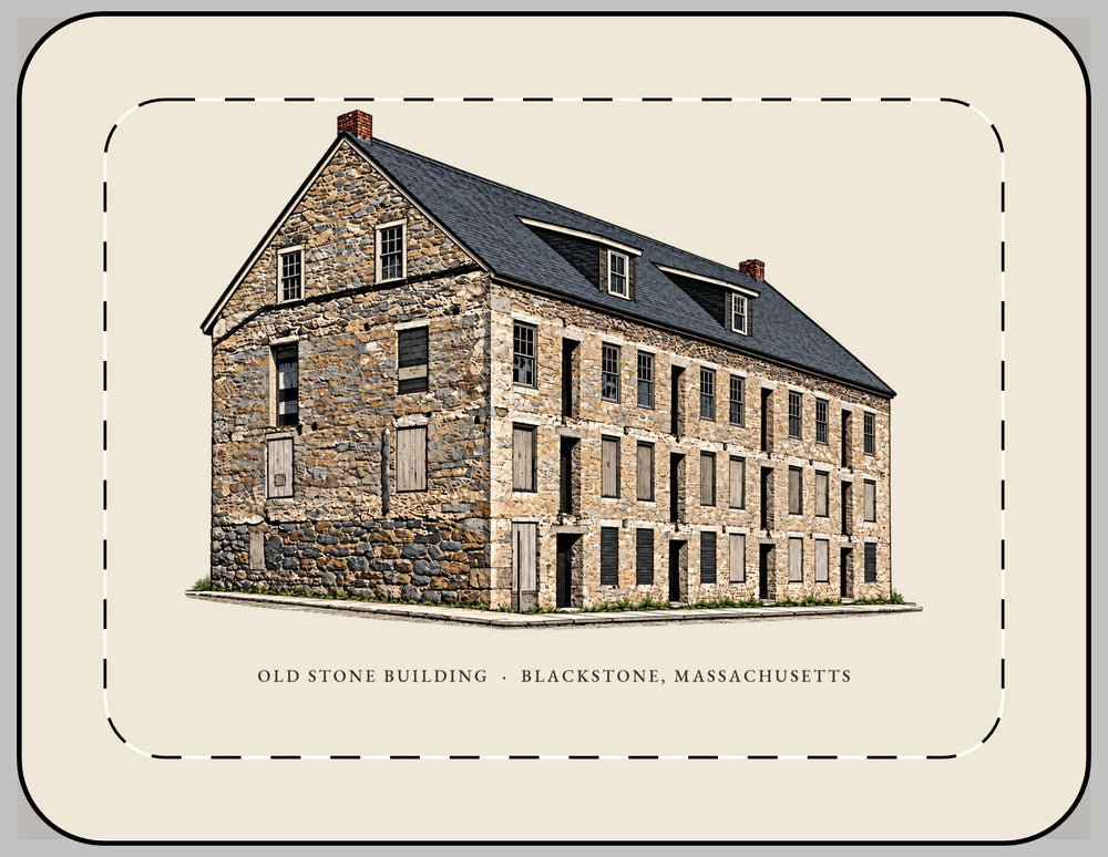 Blackstone Old Stone Building 13-inch laptop sleeve mockup showing the full illustrated print