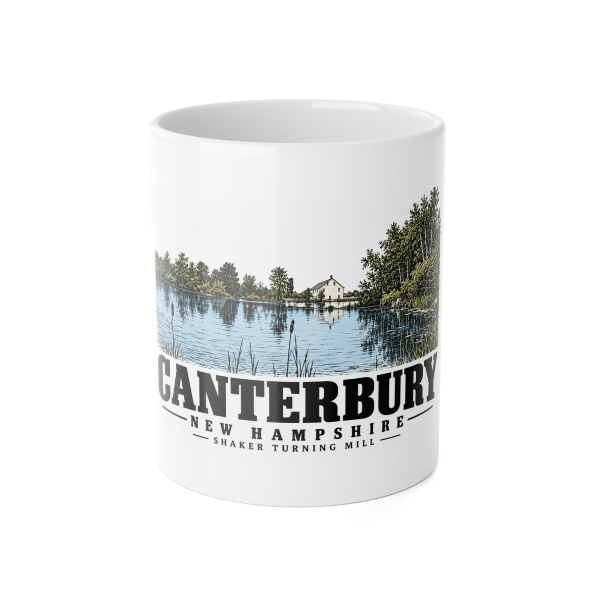 Canterbury Shaker turning mill and pond 11 oz White Ceramic Mug - Merrimack Valley Goods