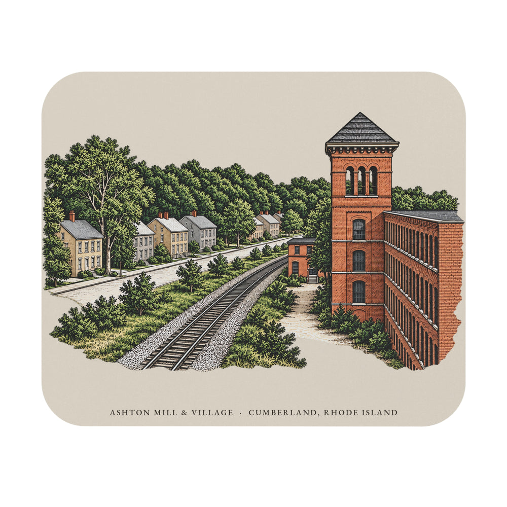 Cumberland Ashton Mill & Village mouse pad mockup showing the full illustrated print