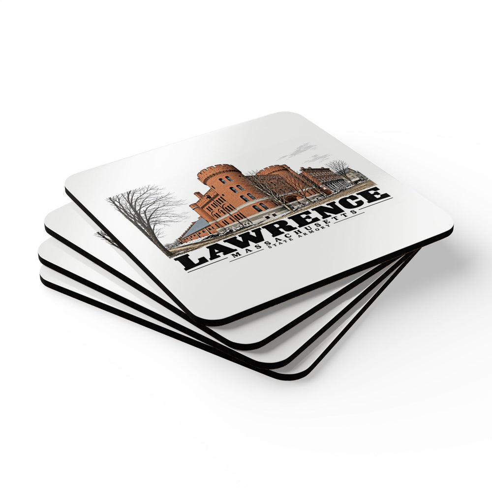 Illustrated State Armory in Lawrence on corkwood coaster set