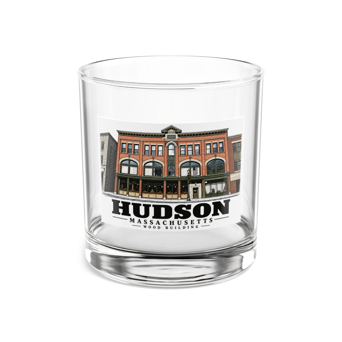 Illustrated Wood Building in Hudson on rocks glass