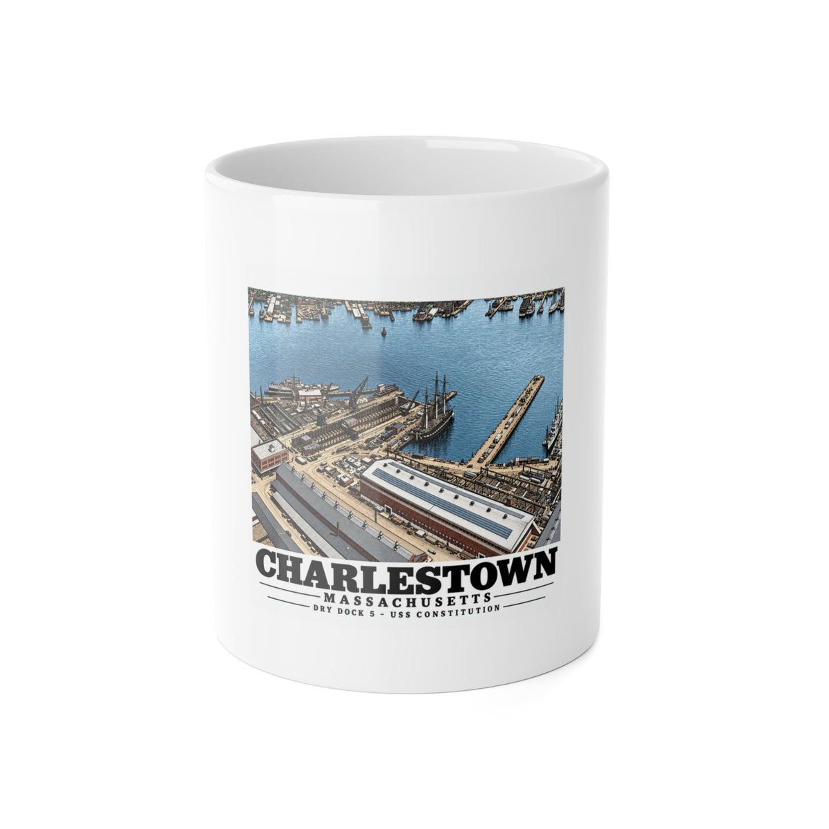 Illustrated Dry Dock 5 and Constitution Pier in Charlestown on ceramic mug