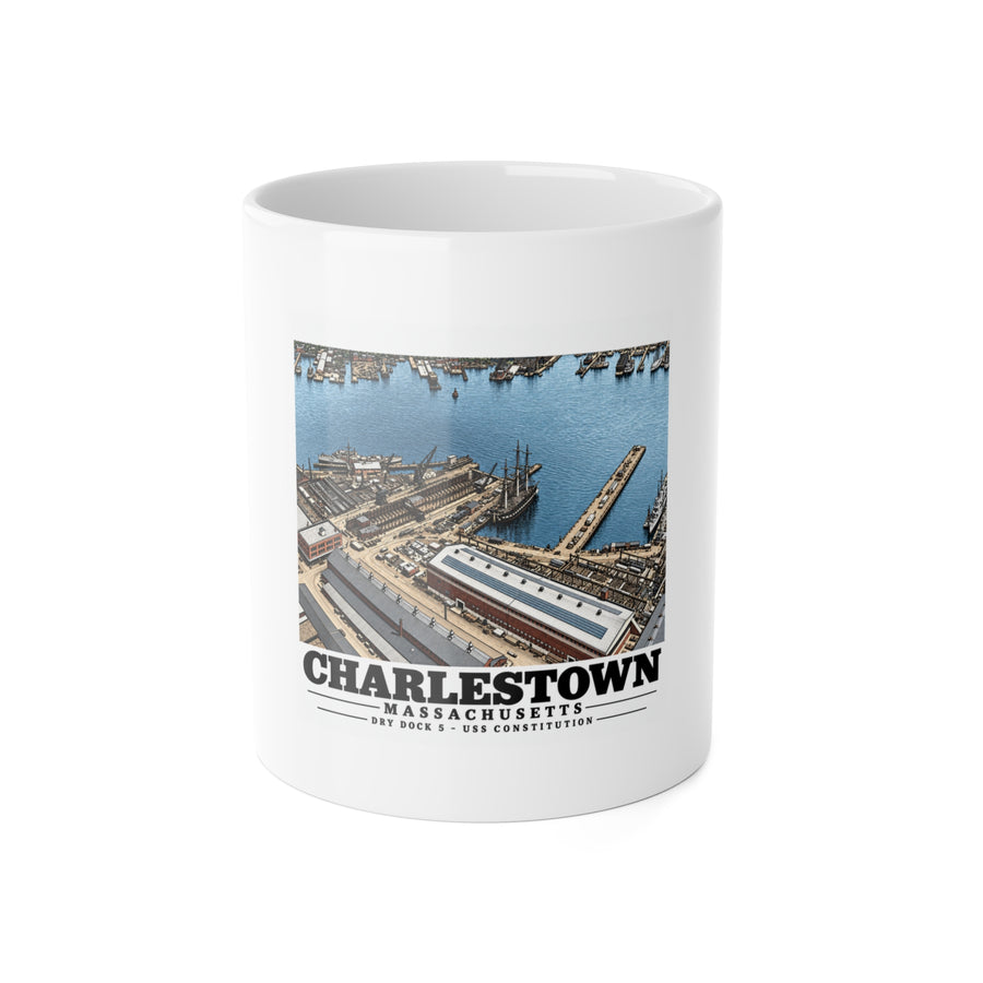 Illustrated Dry Dock 5 and Constitution Pier in Charlestown on ceramic mug