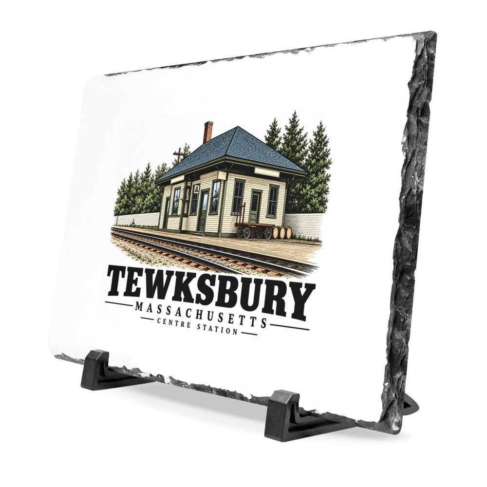 Illustrated Tewksbury Centre railroad station in Tewksbury on slate desk plaque