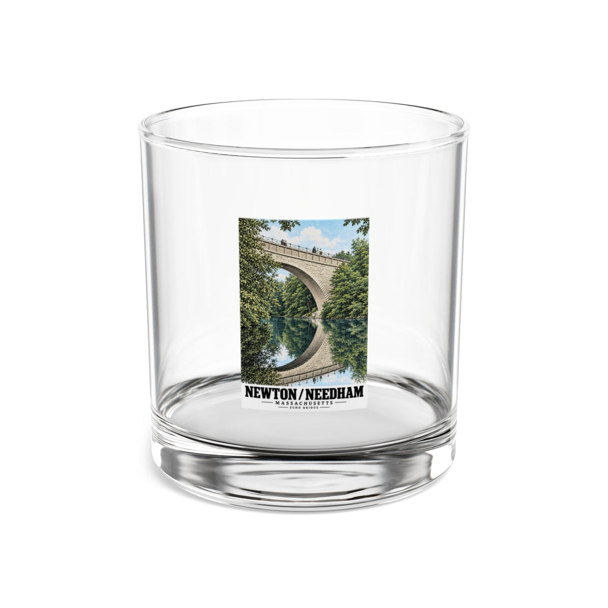 Clear rocks glass showing Echo Bridge portrait artwork and Newton/Needham lettering