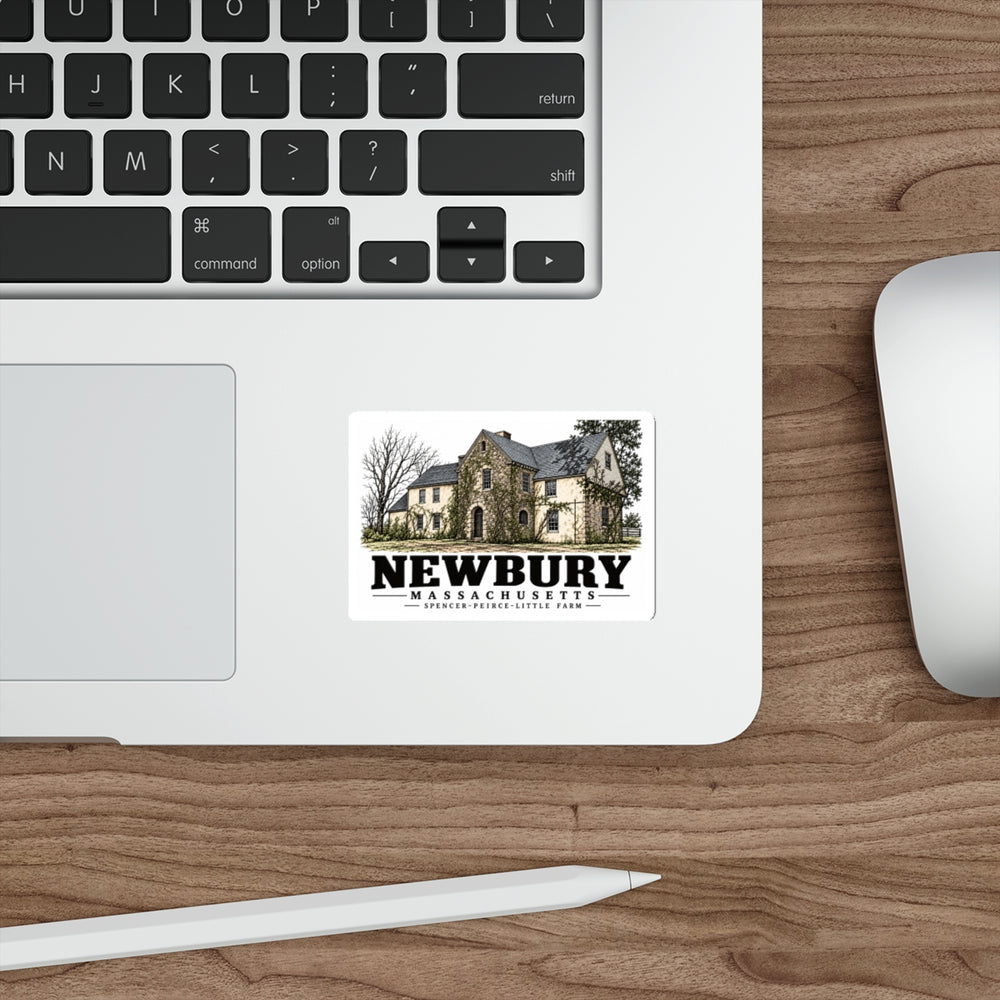 Laptop display of Spencer-Peirce-Little Farm white die-cut sticker, with Newbury, Massachusetts artwork and lettering.