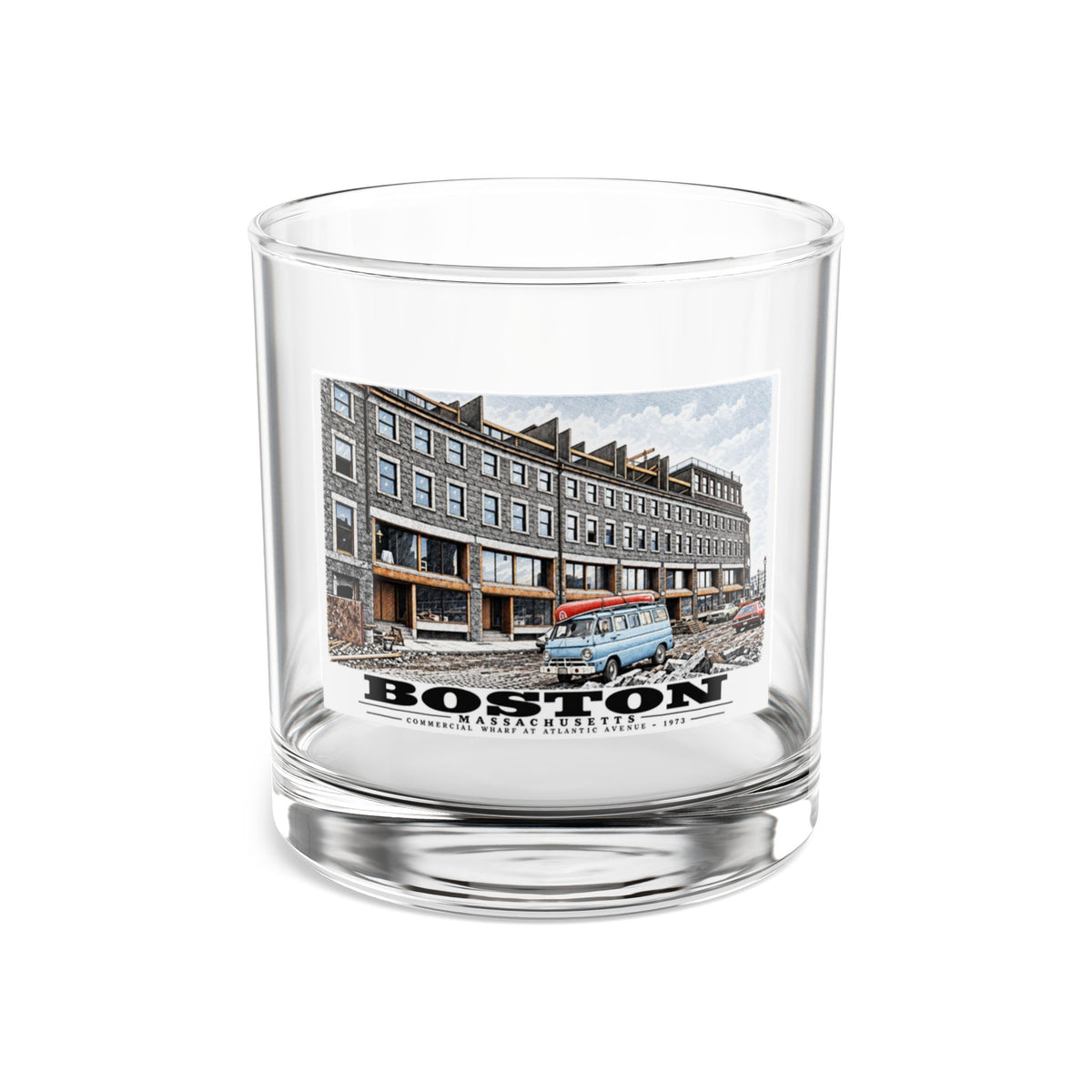 Clear rocks glass showing Commercial Wharf Street buildings, blue van and renovation debris artwork and Boston lettering