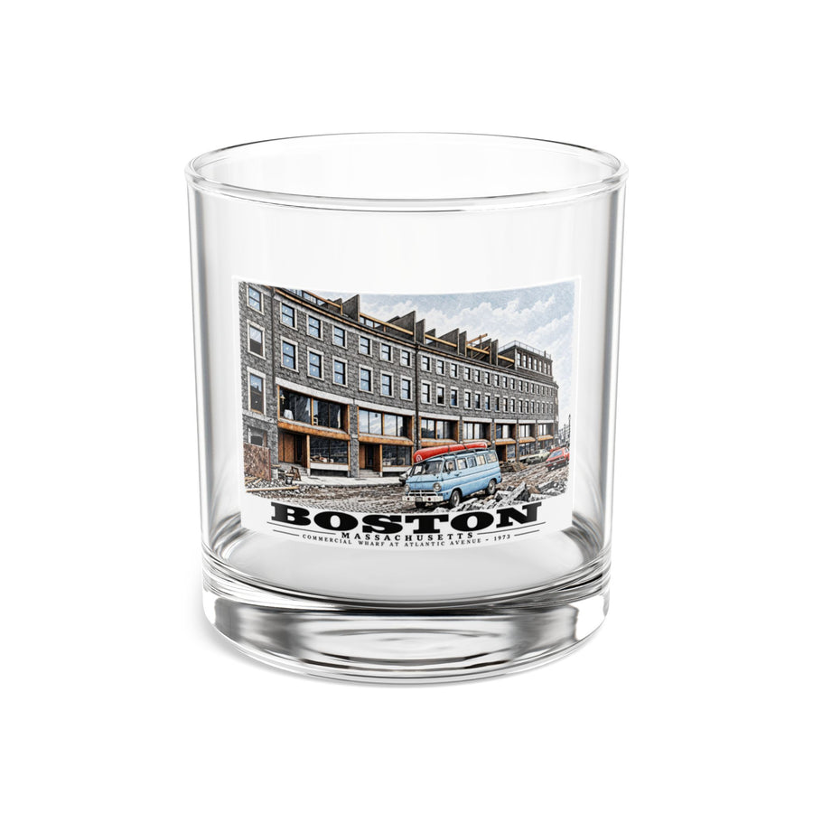 Clear rocks glass showing Commercial Wharf Street buildings, blue van and renovation debris artwork and Boston lettering