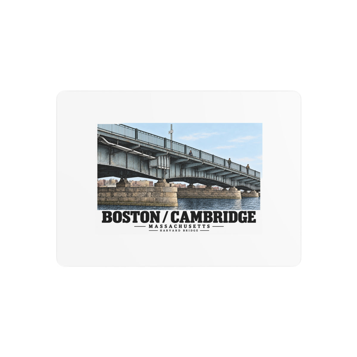 Metal sign front with Harvard Bridge artwork and Boston/Cambridge lettering