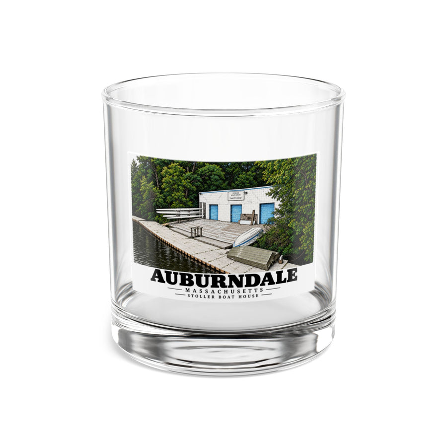 Front view of the clear rocks glass with Auburndale Stoller Boathouse artwork.