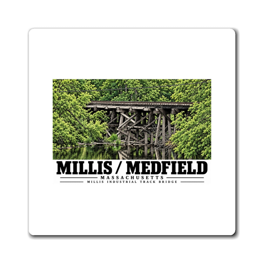 White rectangular magnet showing Millis Industrial Track wooden railway trestle and green foliage artwork and Millis/Medfield lettering