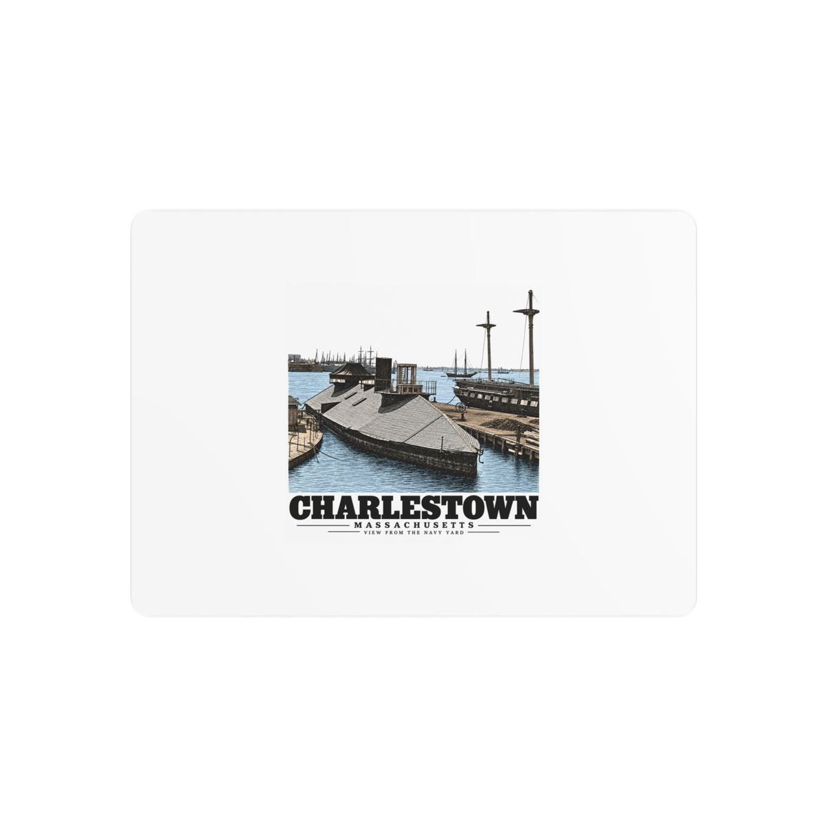 Front of 7 x 5 inch metal wall art with Navy Yard waterfront artwork and Charlestown lettering