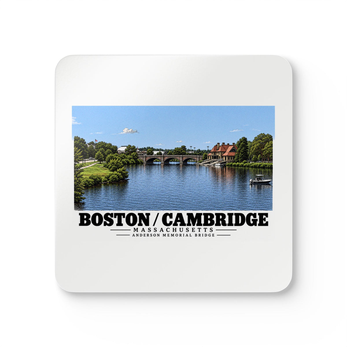 White square coaster showing Anderson Memorial Bridge distant river view artwork and Boston/Cambridge lettering
