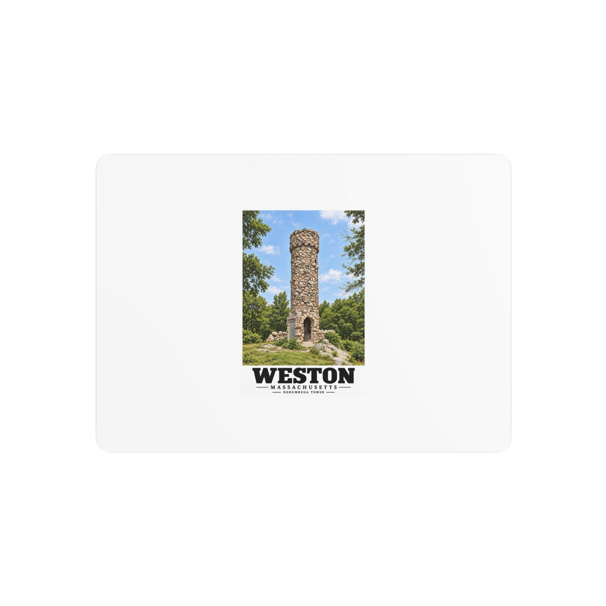 Illustrated Norumbega Tower in Weston on metal art sign