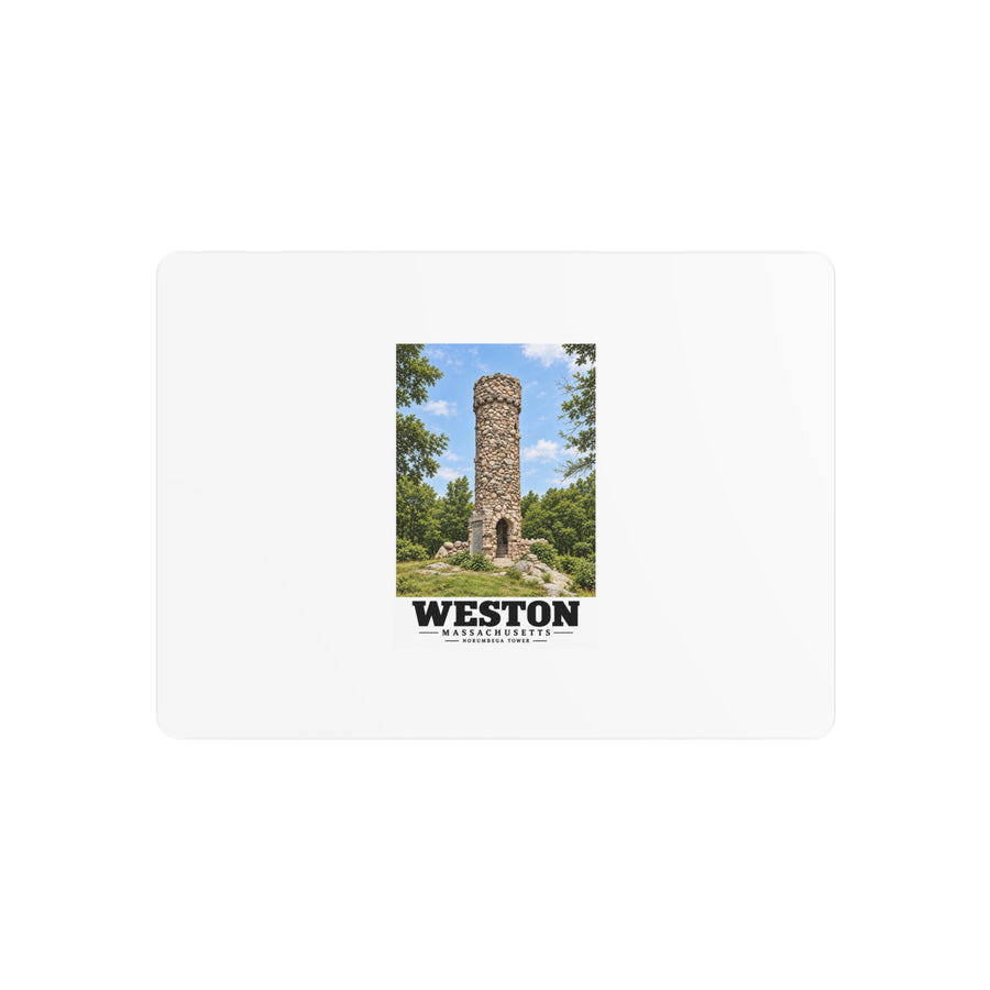 Illustrated Norumbega Tower in Weston on metal art sign