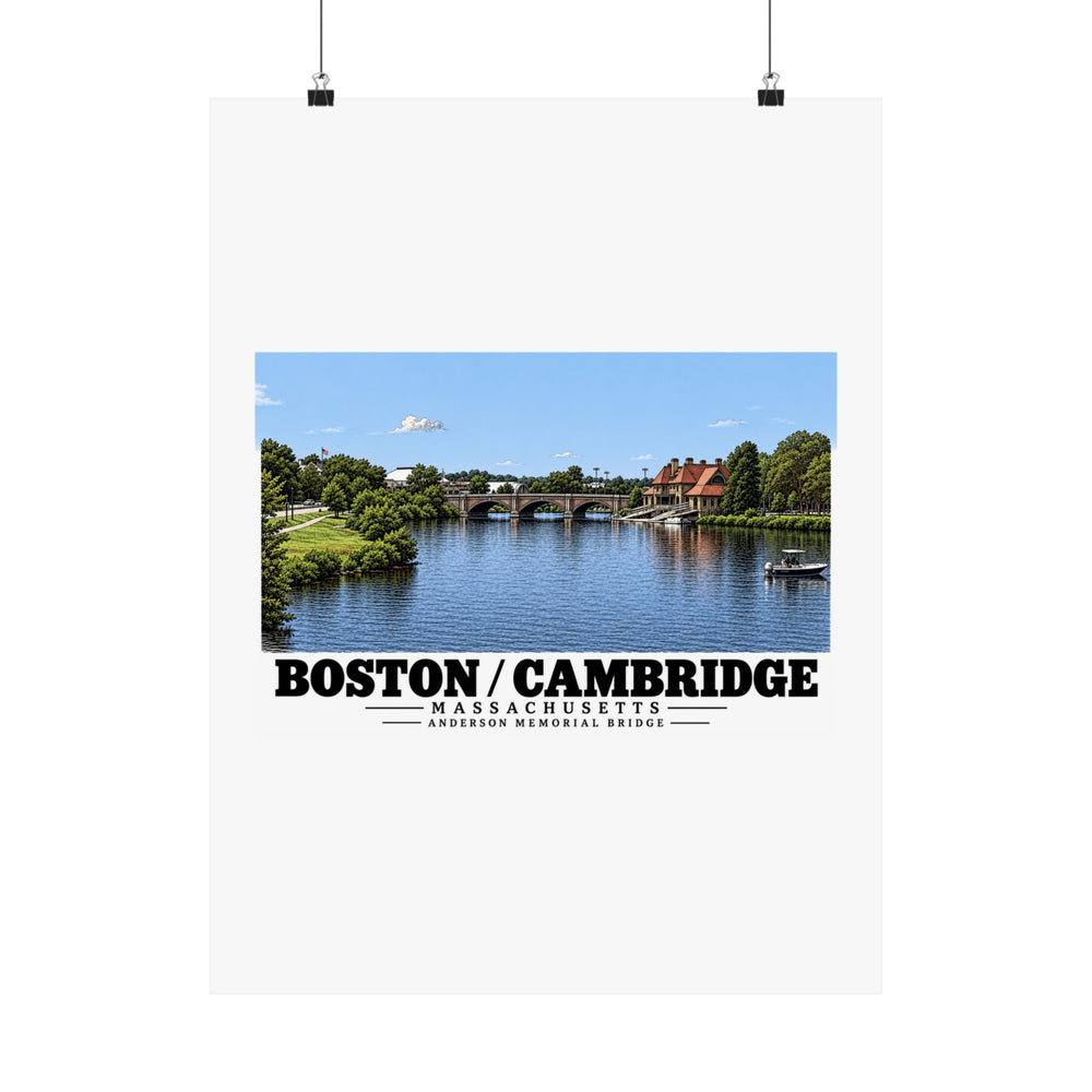 Anderson Memorial Bridge distant river view poster with Boston/Cambridge lettering hanging from two binder clips
