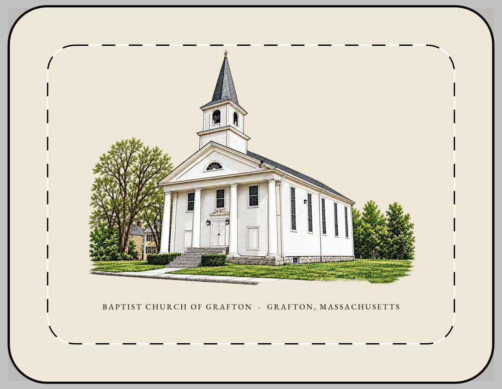 Grafton Baptist Church of Grafton 13-inch laptop sleeve mockup showing the full illustrated print