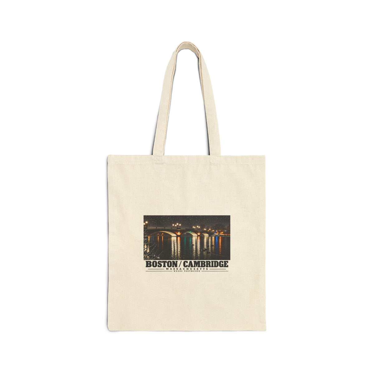 Natural fabric tote with Weeks Footbridge illuminated night view with water reflections artwork and Boston/Cambridge lettering