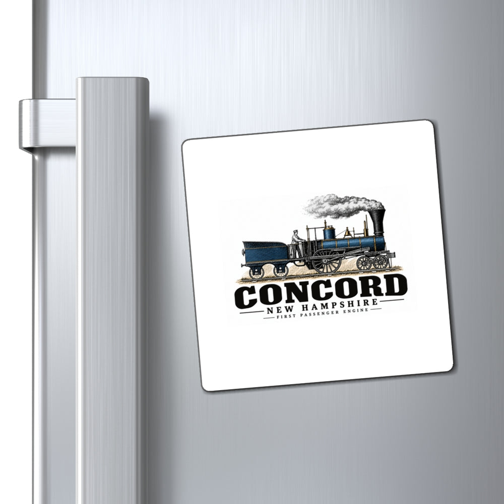 Refrigerator display of First Passenger Engine square vinyl magnet, Concord, New Hampshire.