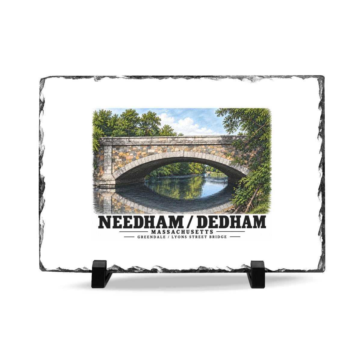 Rough-edged slate display on two black stands with Greendale Avenue / Lyons Street Bridge stone arch and reflection artwork and Needham/Dedham lettering