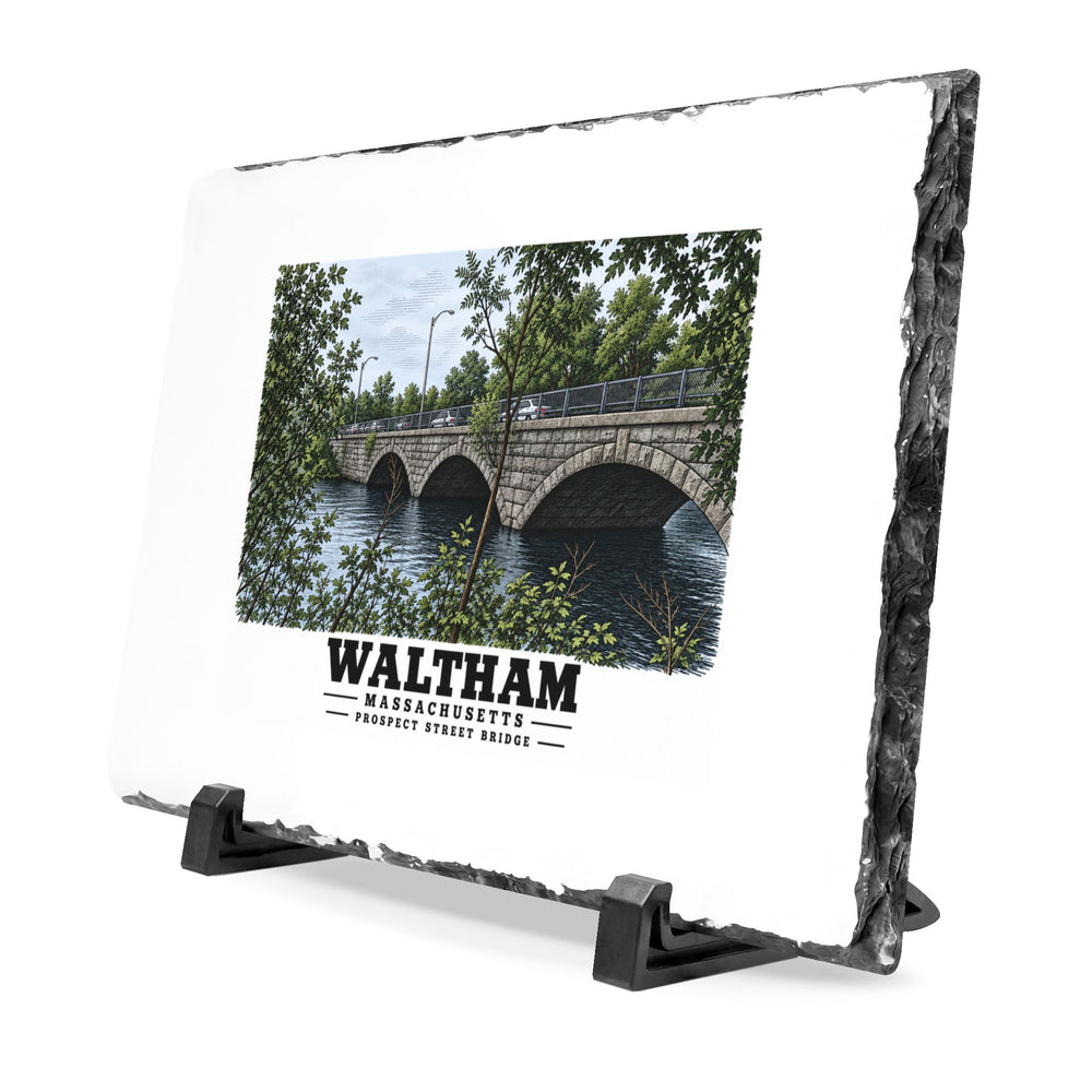 Angled rough-edged slate display on black stands showing Prospect Street Bridge stone arches and river artwork