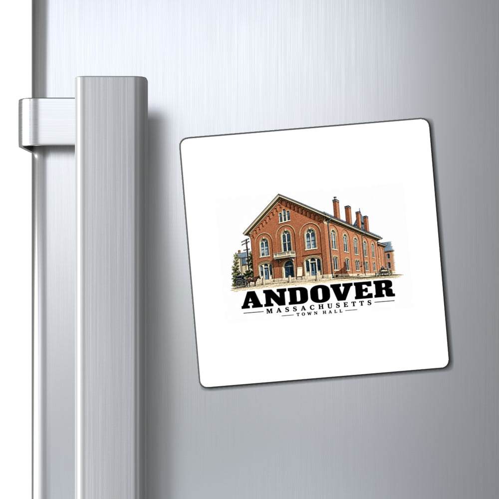 Refrigerator display of Town Hall square vinyl magnet, Andover, Massachusetts.