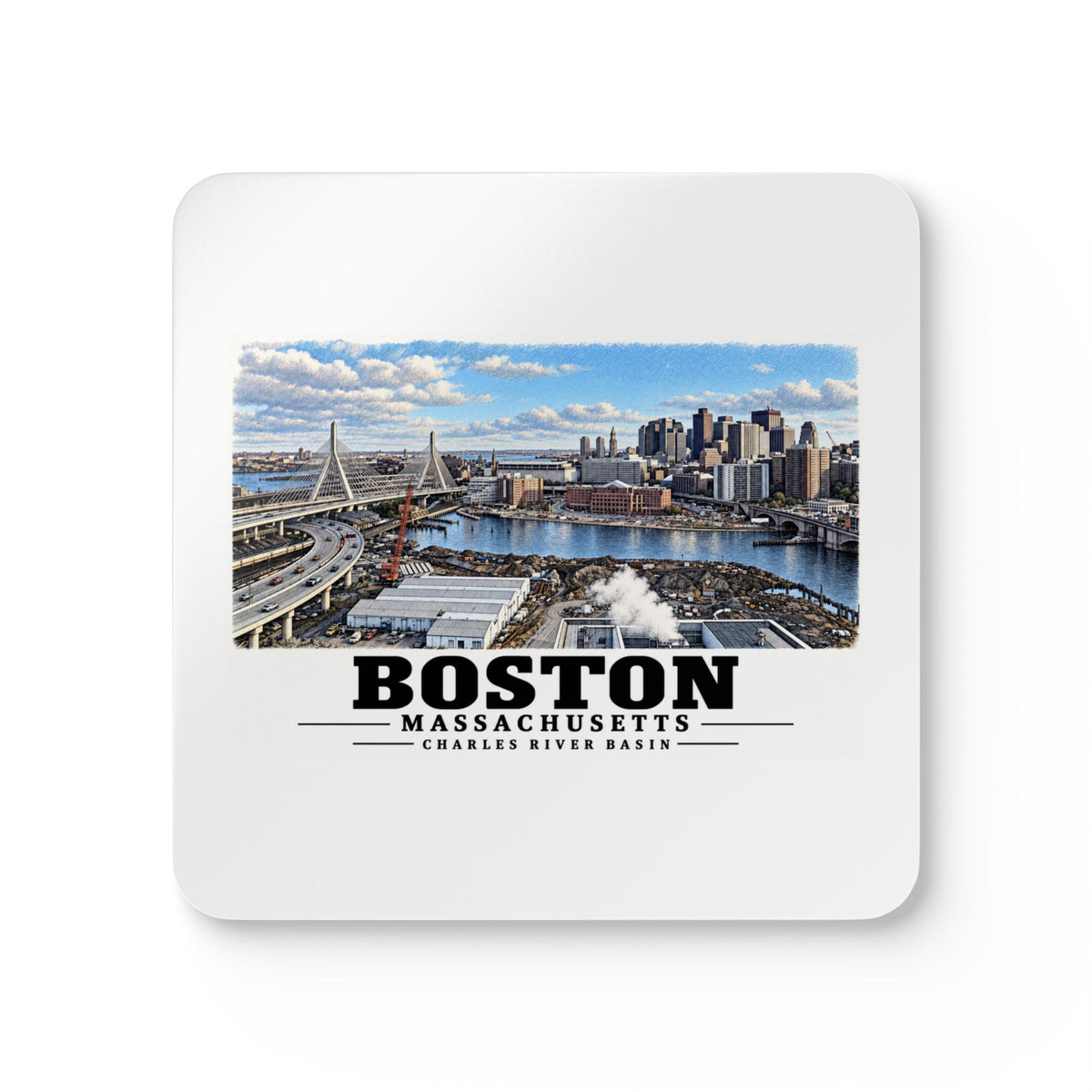 White square coaster showing Boston skyline, cable-stayed bridge and Charles River basin artwork and Boston lettering