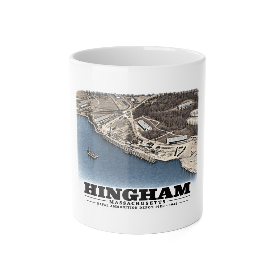 Construction progress New pier USNAD, Hingham, MA 11 oz White Ceramic Mug - Boston Harbor