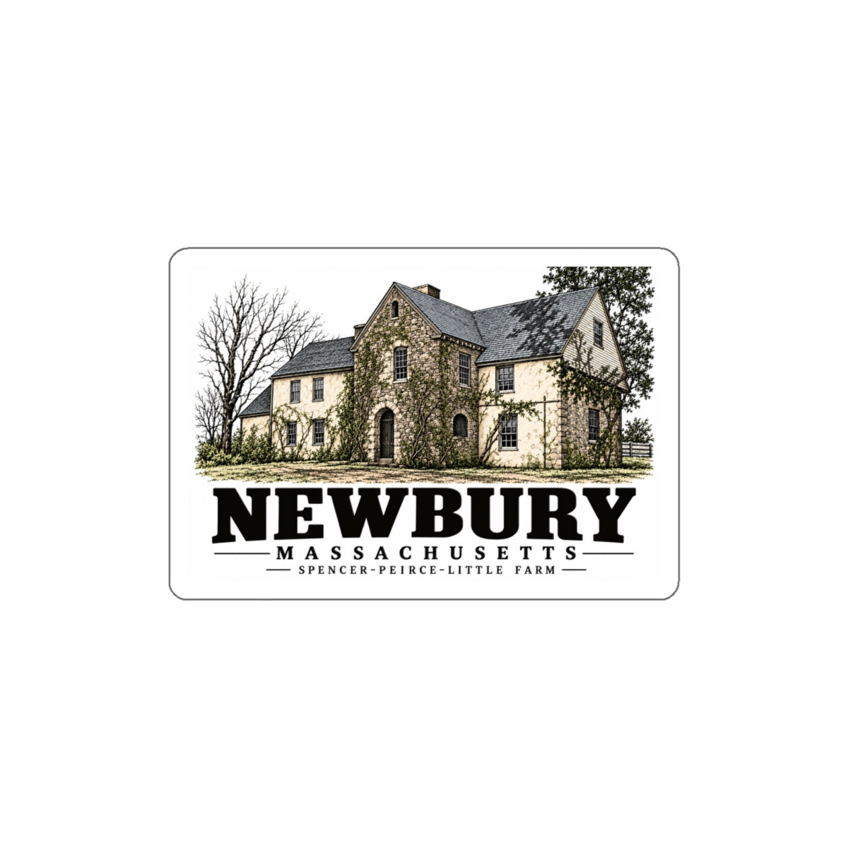 Front of Spencer-Peirce-Little Farm white die-cut sticker, with Newbury, Massachusetts artwork and lettering.