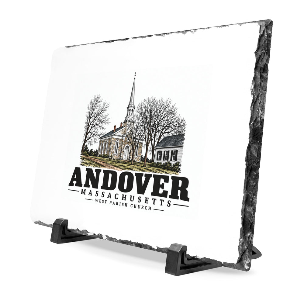Angled front on display stands of West Parish Church slate desk plaque, with Andover, Massachusetts artwork and lettering.