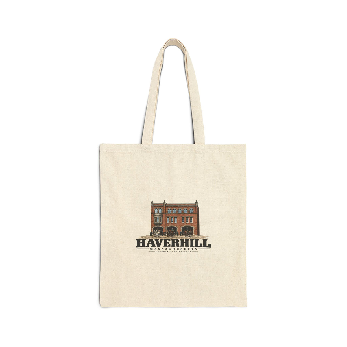 Central Fire Station with horse-drawn apparatus Natural + Black Heavy Canvas Tote - Merrimack Valley Goods