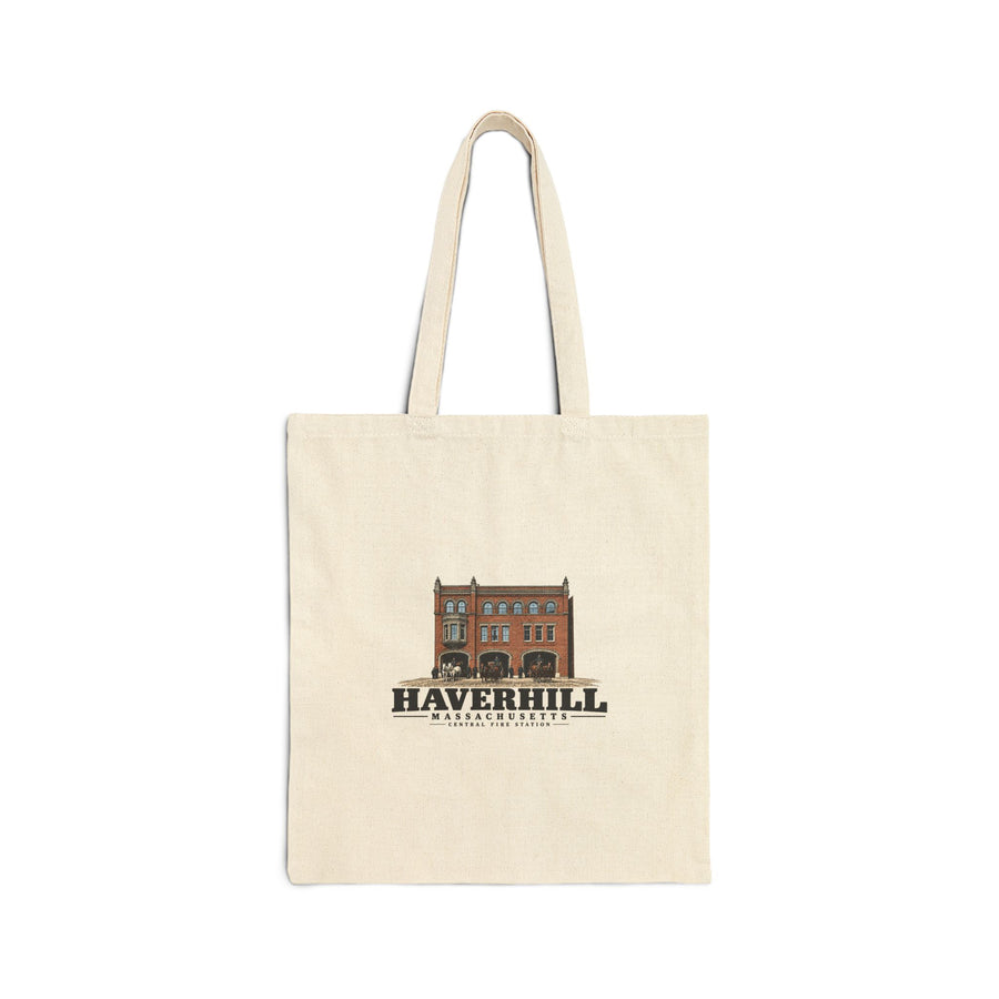 Central Fire Station with horse-drawn apparatus Natural + Black Heavy Canvas Tote - Merrimack Valley Goods