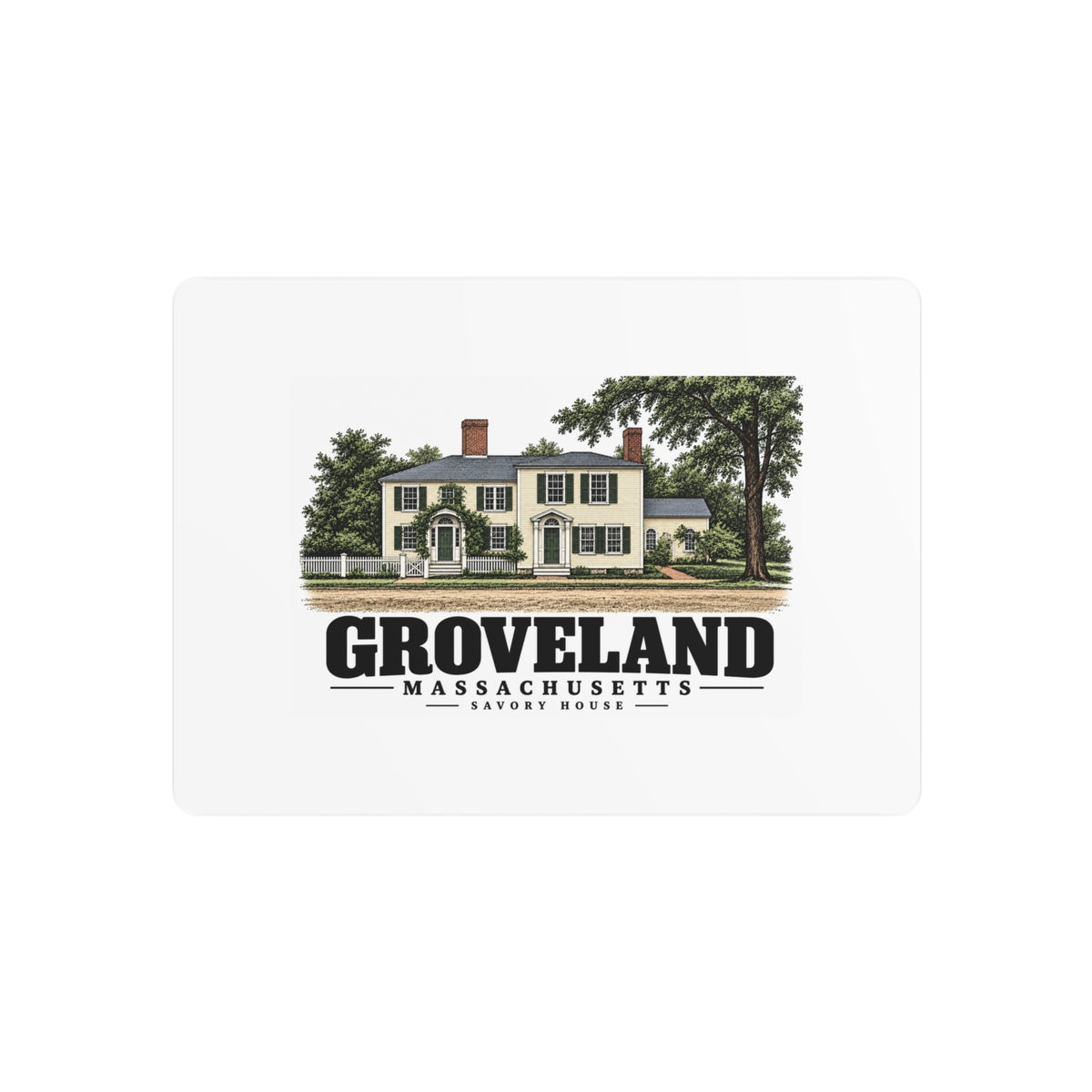 Front of Savory House metal wall art, with Groveland, Massachusetts artwork and lettering.