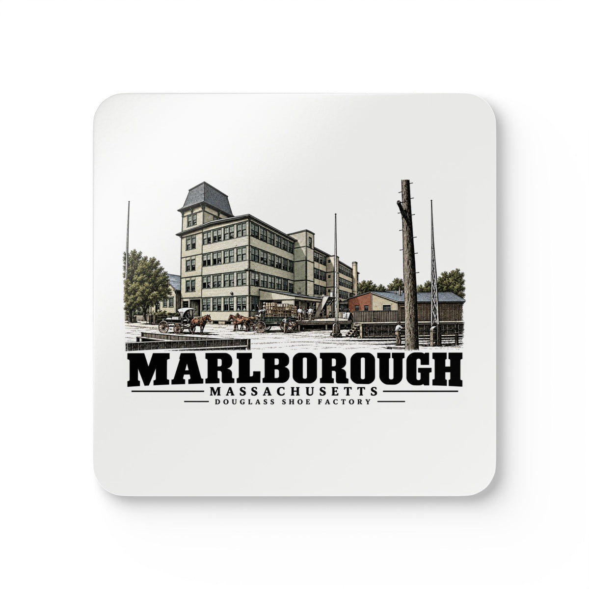 Illustrated Douglass Shoe Factory in Marlborough on corkwood coaster set