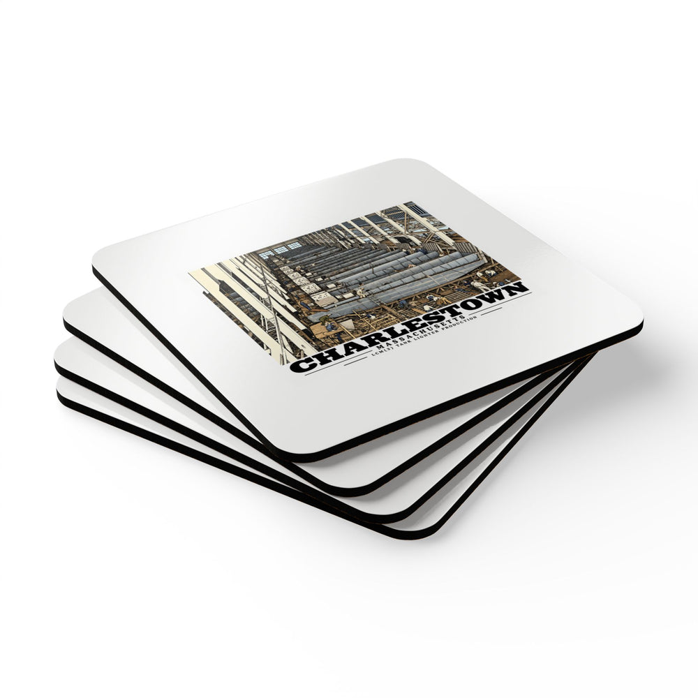 Stack of four square coasters showing landing-craft production artwork on top