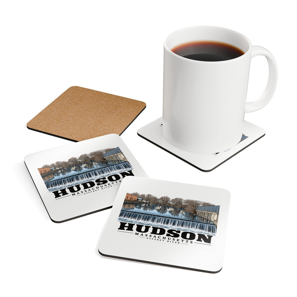 Illustrated Assabet River in Hudson on corkwood coaster set