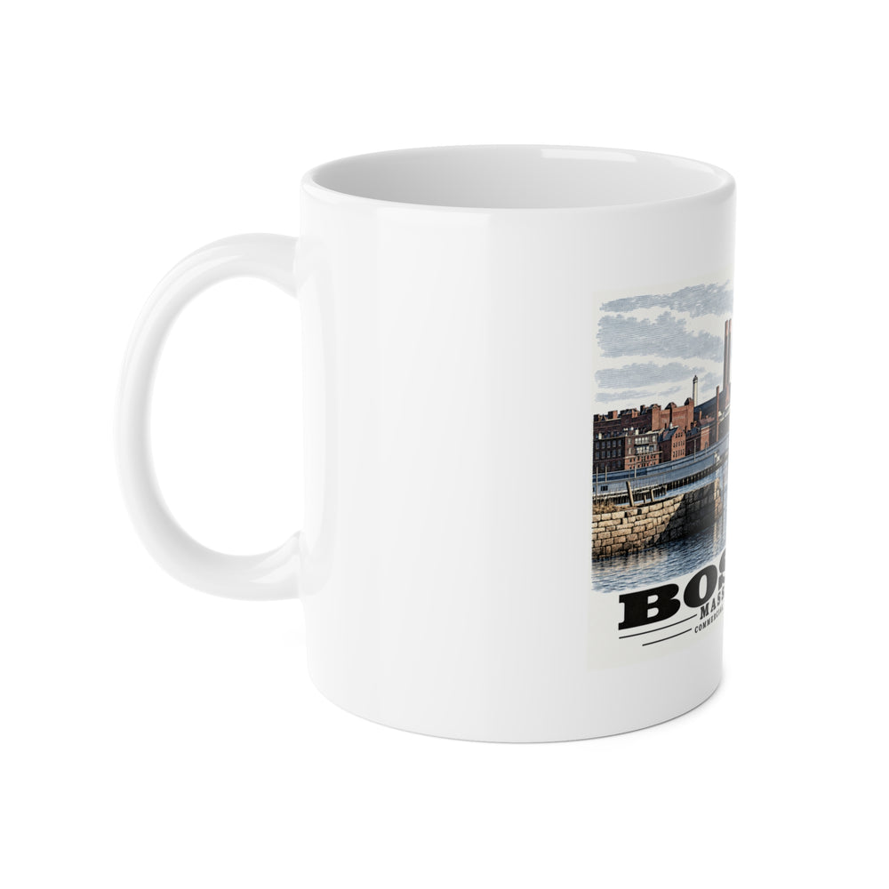 White mug with handle at left and part of the Commercial Wharf waterfront buildings, twin chimneys and harbor water print at right