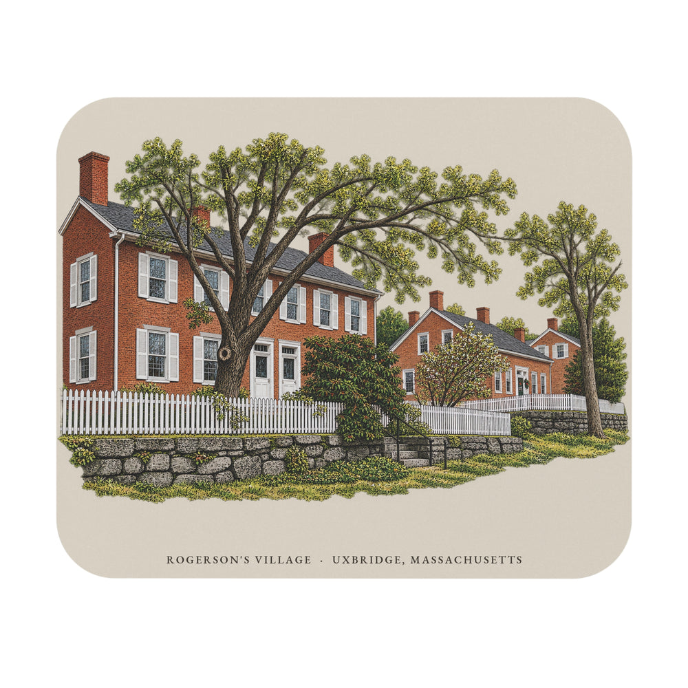Uxbridge Rogerson's Village mouse pad mockup showing the full illustrated print