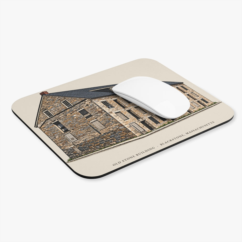 Blackstone Old Stone Building mouse pad mockup showing the full illustrated print