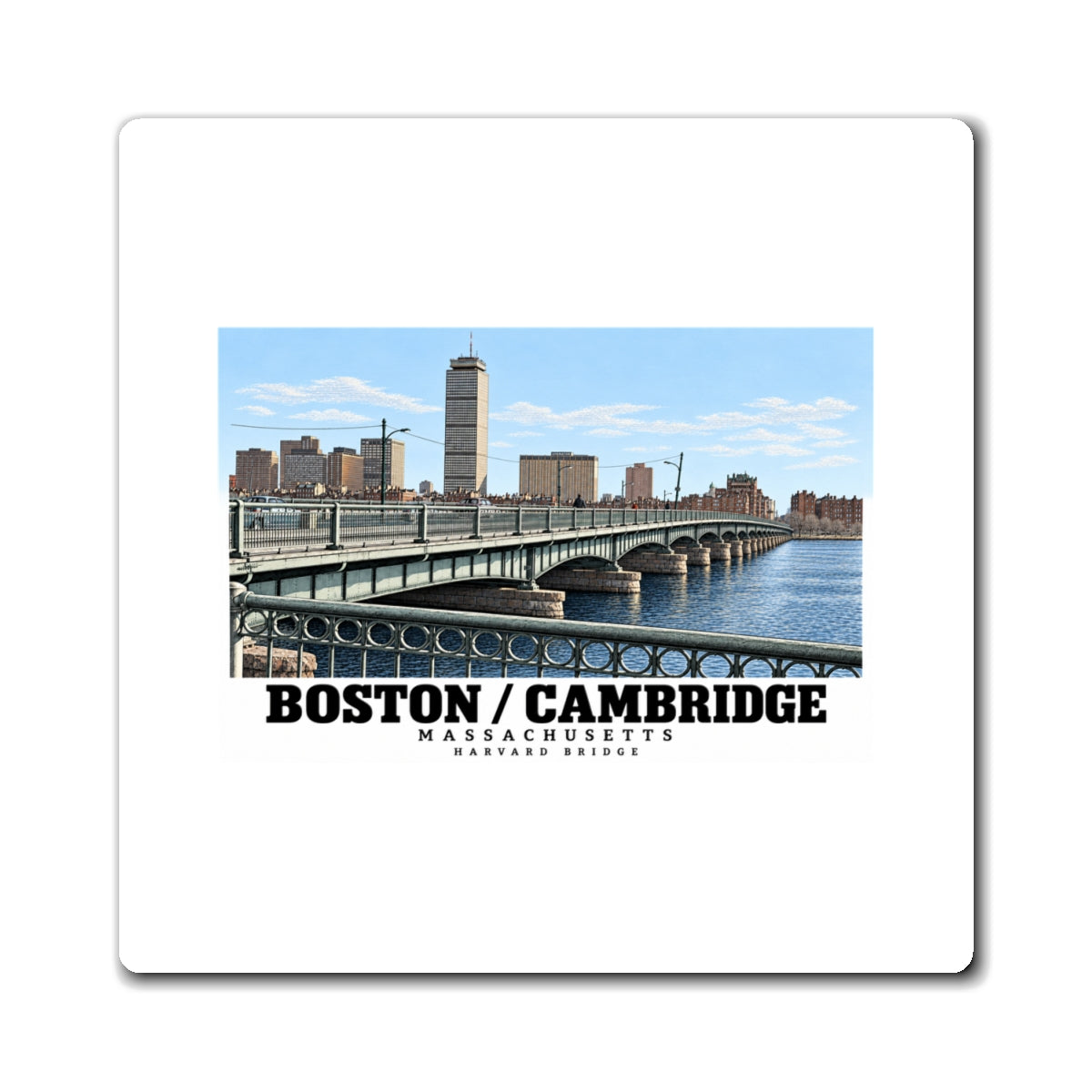 Magnet front with Harvard Bridge artwork and Boston/Cambridge lettering