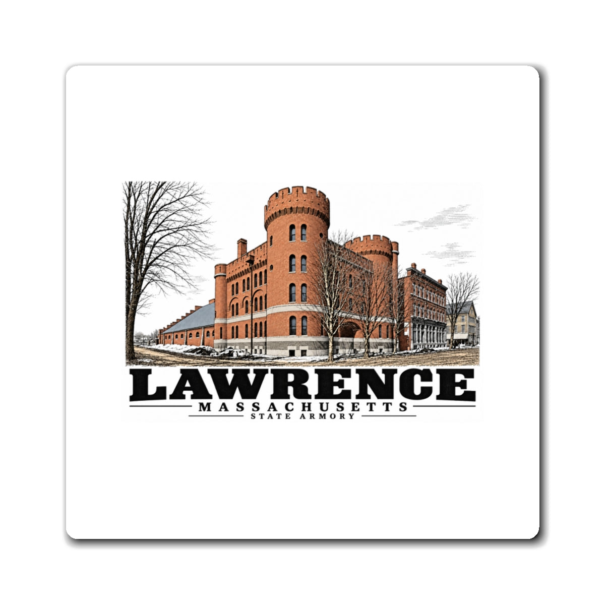 Illustrated State Armory in Lawrence on square magnet