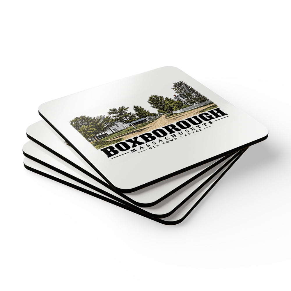 Illustrated Old Town Centre in Boxborough on corkwood coaster set