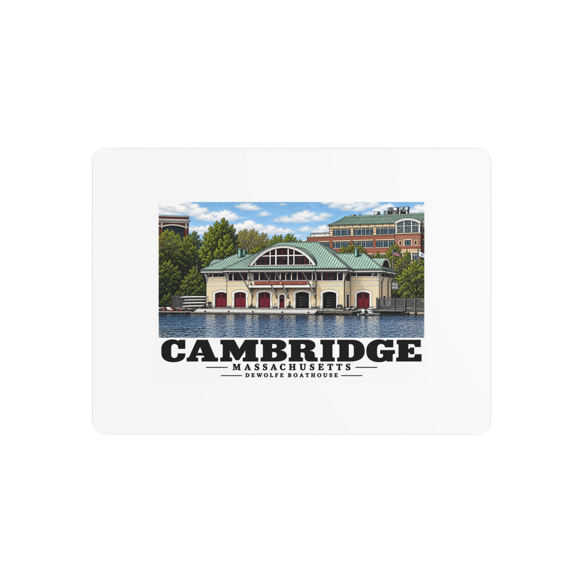 Front view of the metal art sign with Cambridge DeWolfe Boathouse artwork.