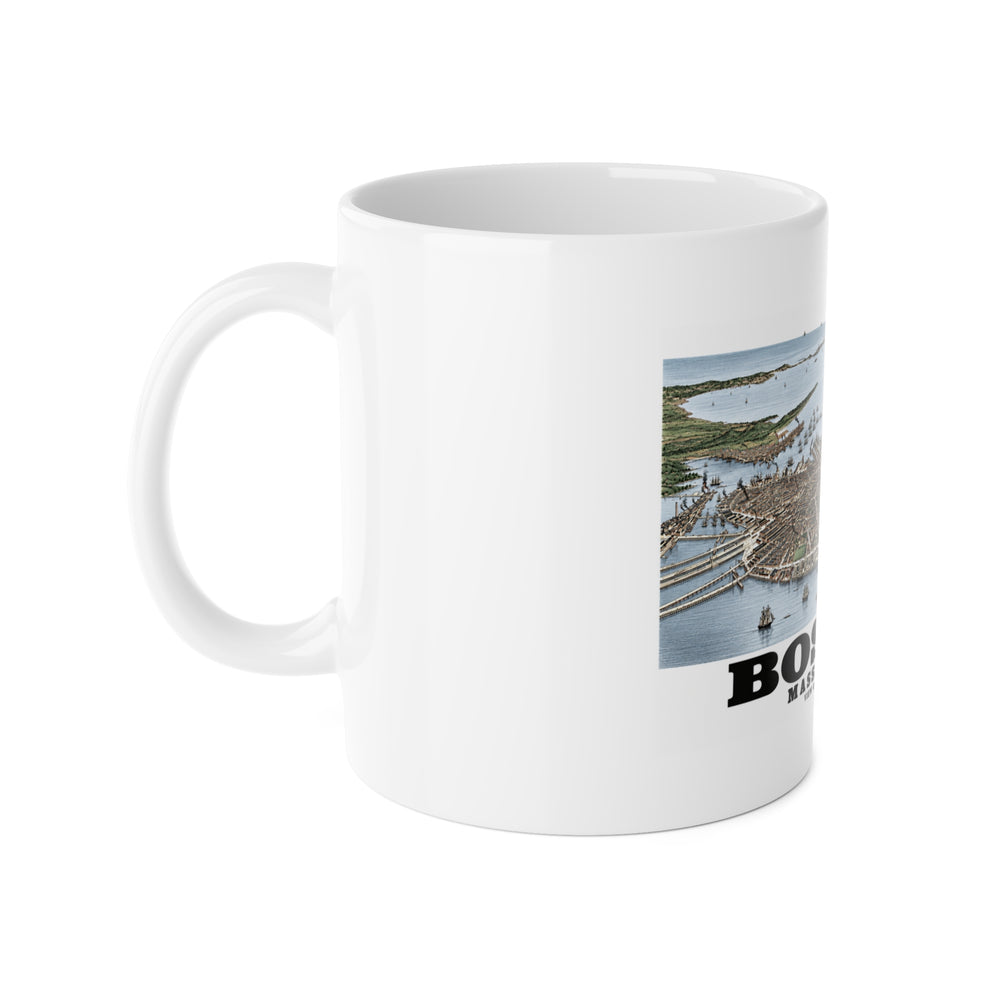 White mug with handle at left and part of the historic Boston harbor panorama with boats and waterfront buildings print at right