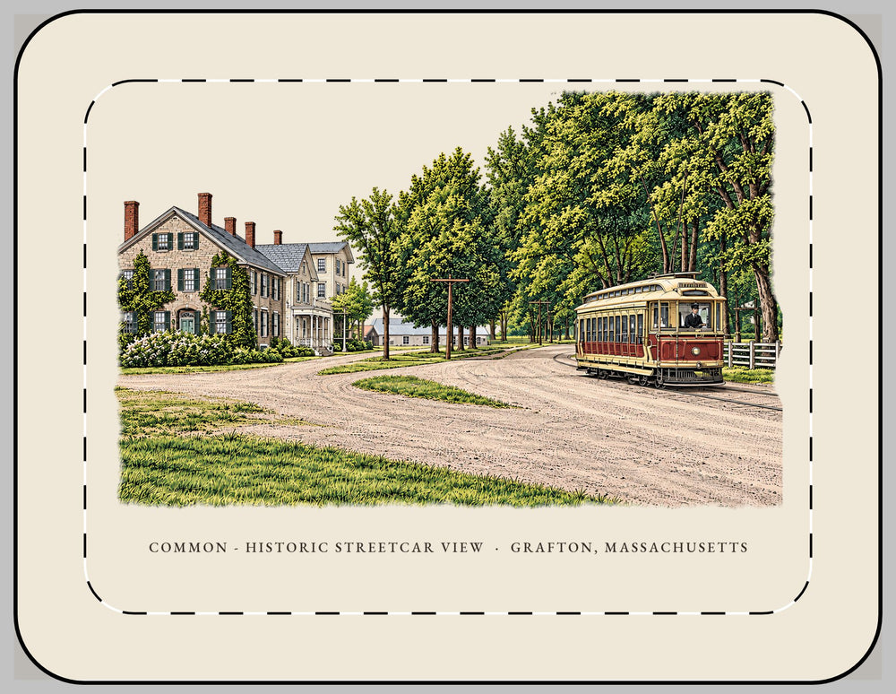 Grafton Common - Historic Streetcar View 13-inch laptop sleeve mockup showing the full illustrated print